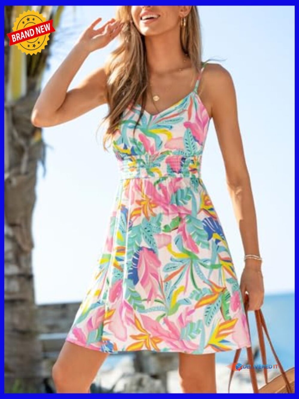 Tropical Floral Mini Sundress Smocked Bodice Adjustable Spaghetti Strap Boho - Picture 4 of 7